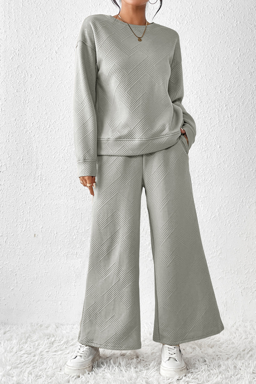 Gray Ultra Loose Textured 2pcs Slouchy Outfit