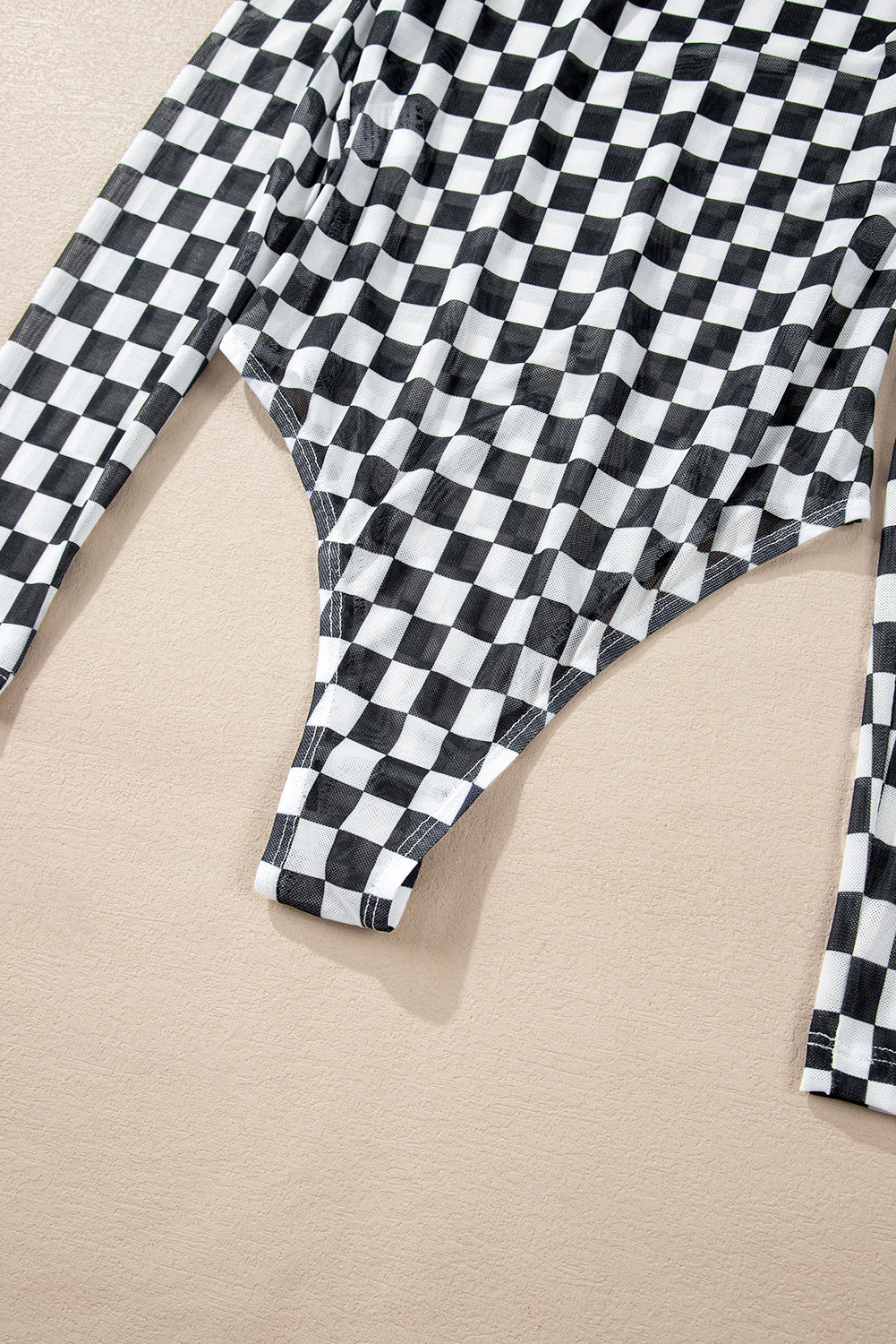 Black Checkered Printed Long Sleeve High Neck Bodysuit
