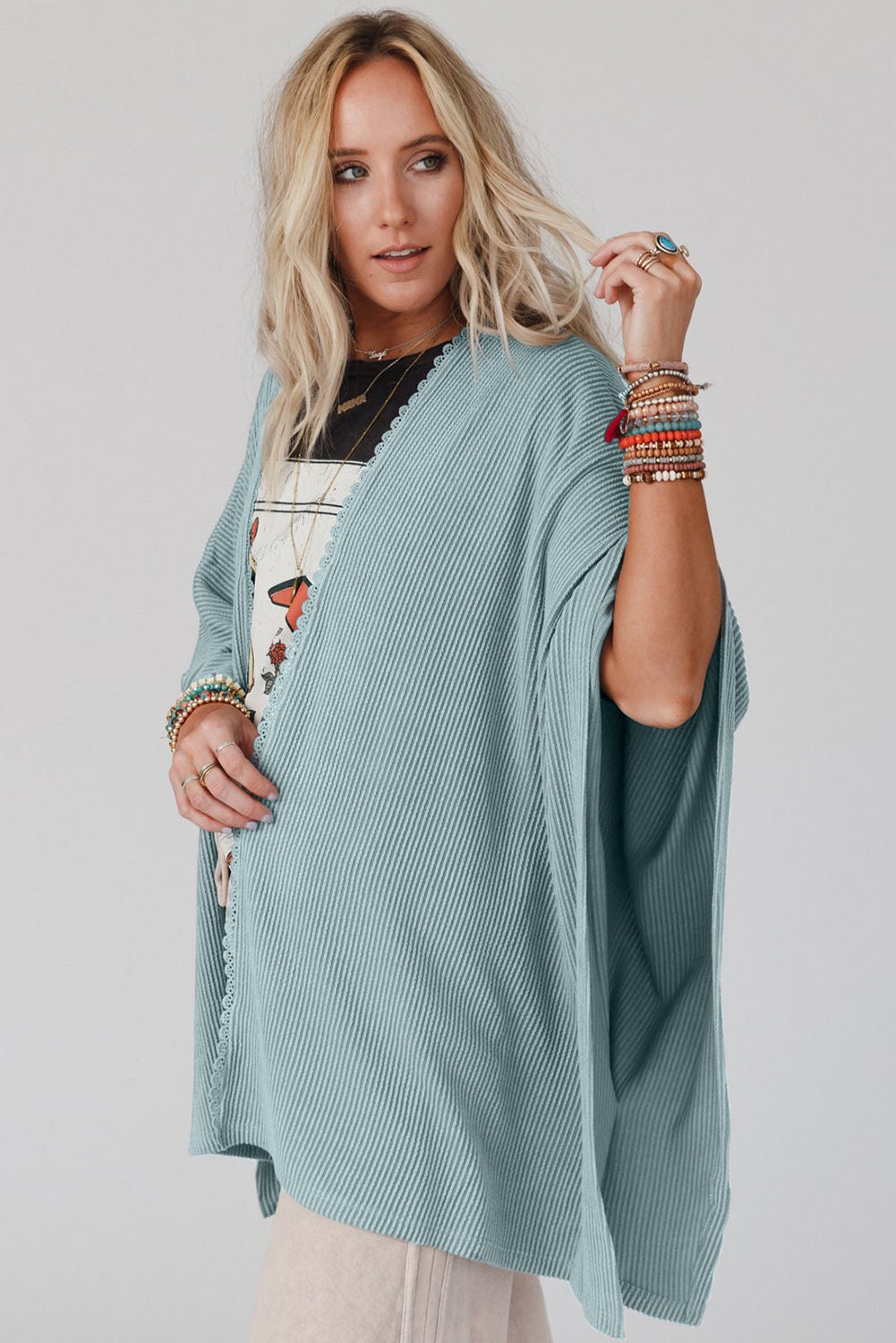 Apricot Lace Trim Ribbed Oversize Kimono
