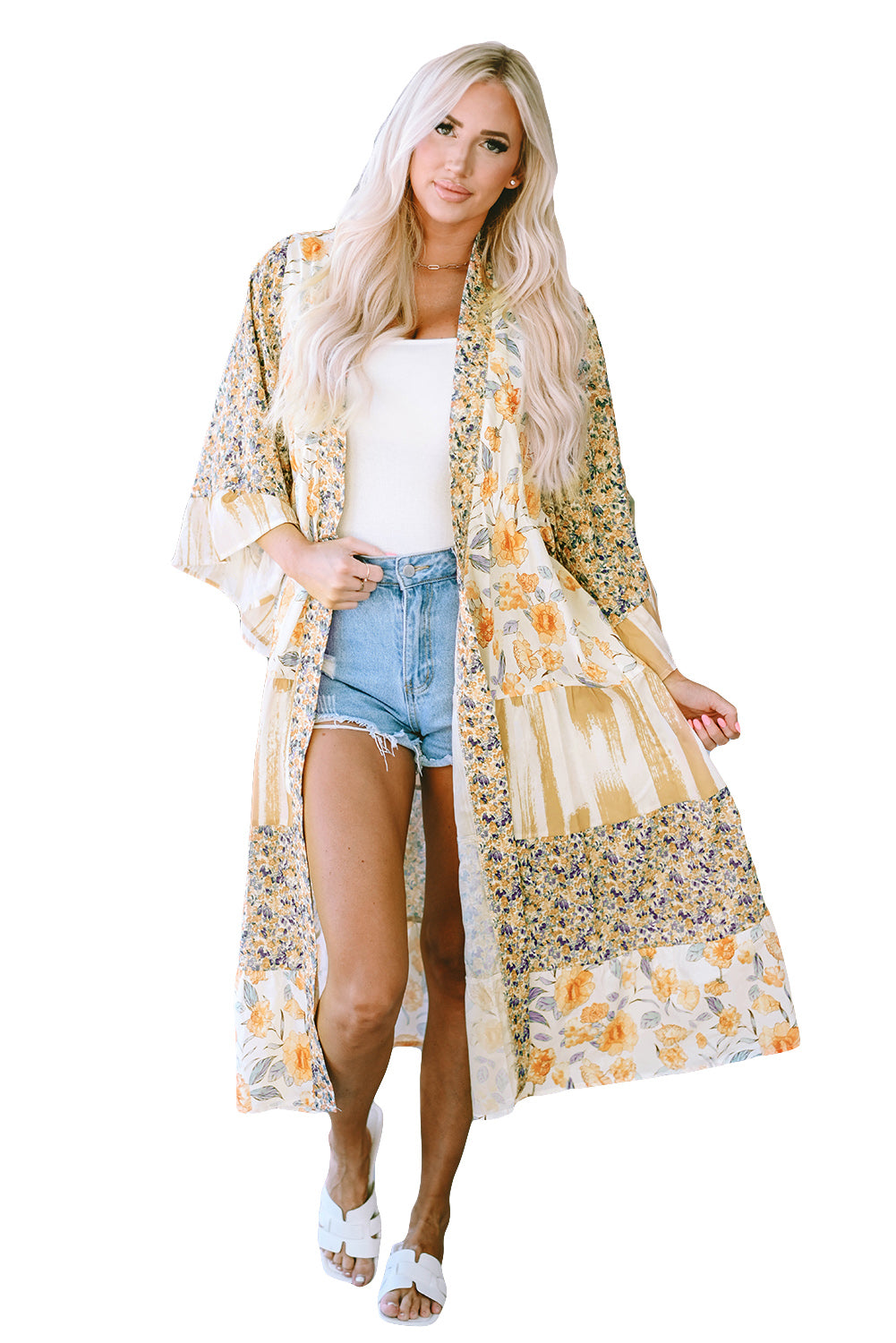 Multicolor Wide Sleeve Mixed Floral Print Long Kimono