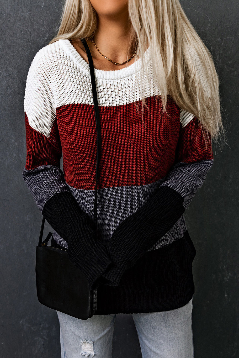 Color Block Knitted O-neck Pullover Sweater