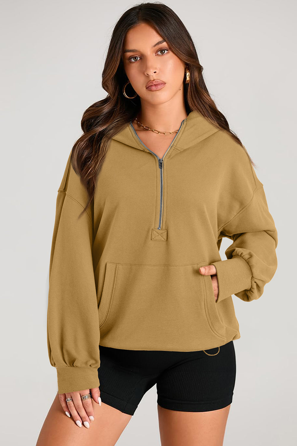 Parchment Solid Kangaroo Pocket Half Zipper Oversized Hoodie