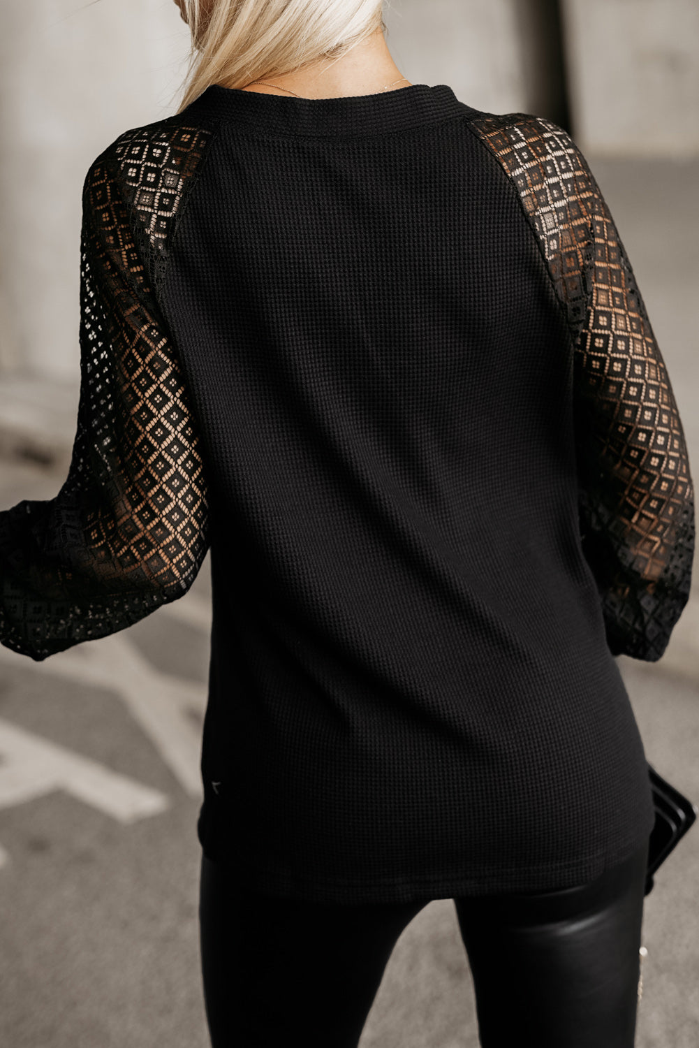 Black Waffled Knit Lace Long Sleeve Buttoned Cardigan