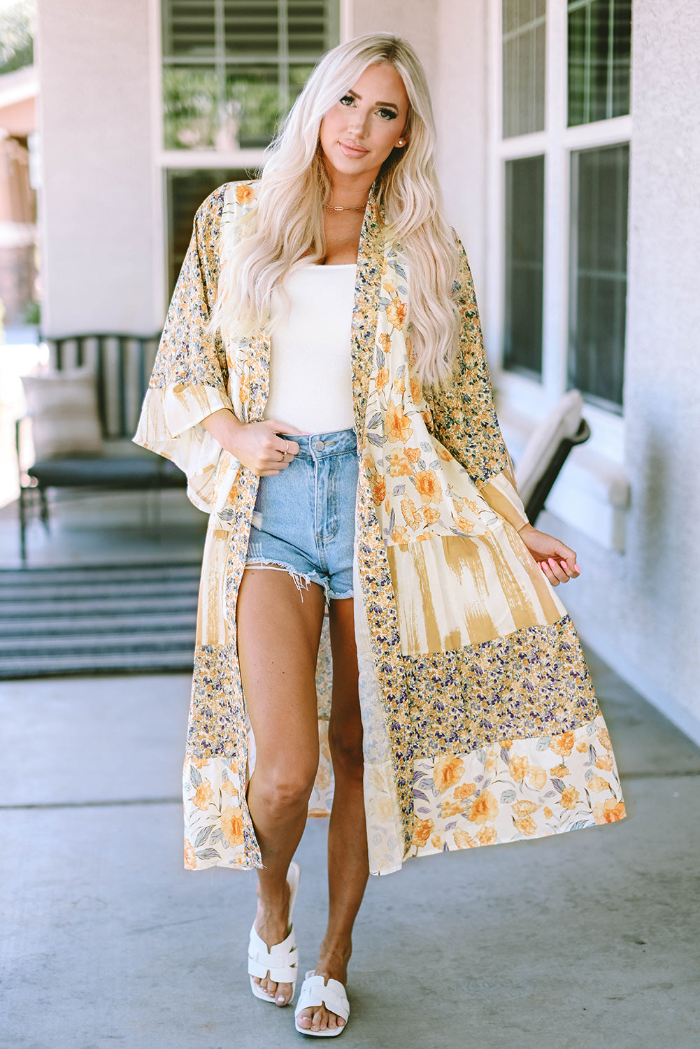 Multicolor Wide Sleeve Mixed Floral Print Long Kimono
