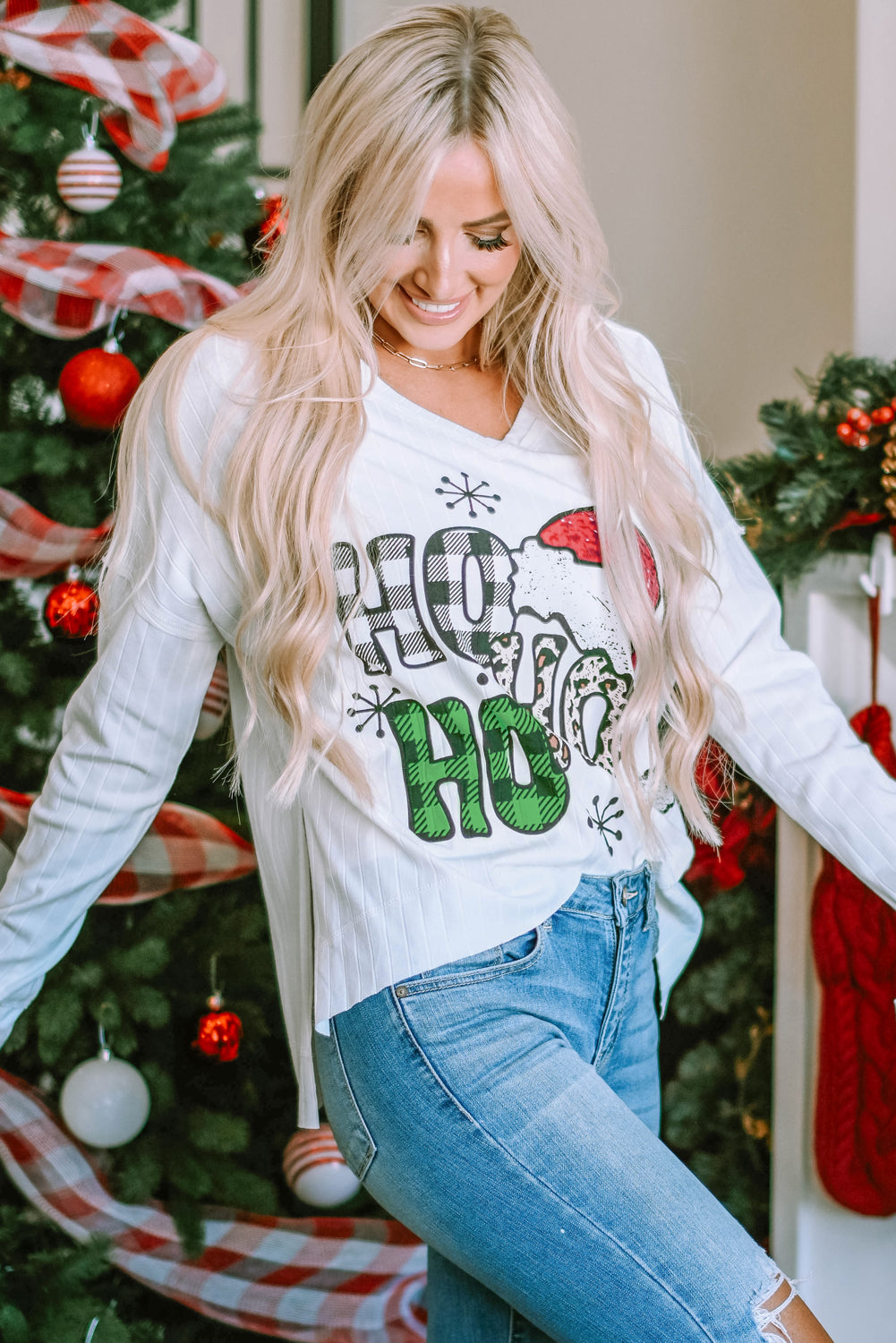 White HOHOHO Christmas Graphic Wide Rib Long Sleeve Top