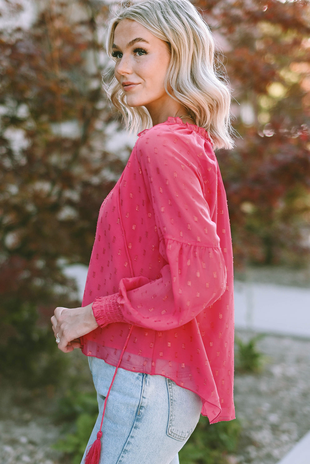 Rose Printed Tassel Tie Blouse