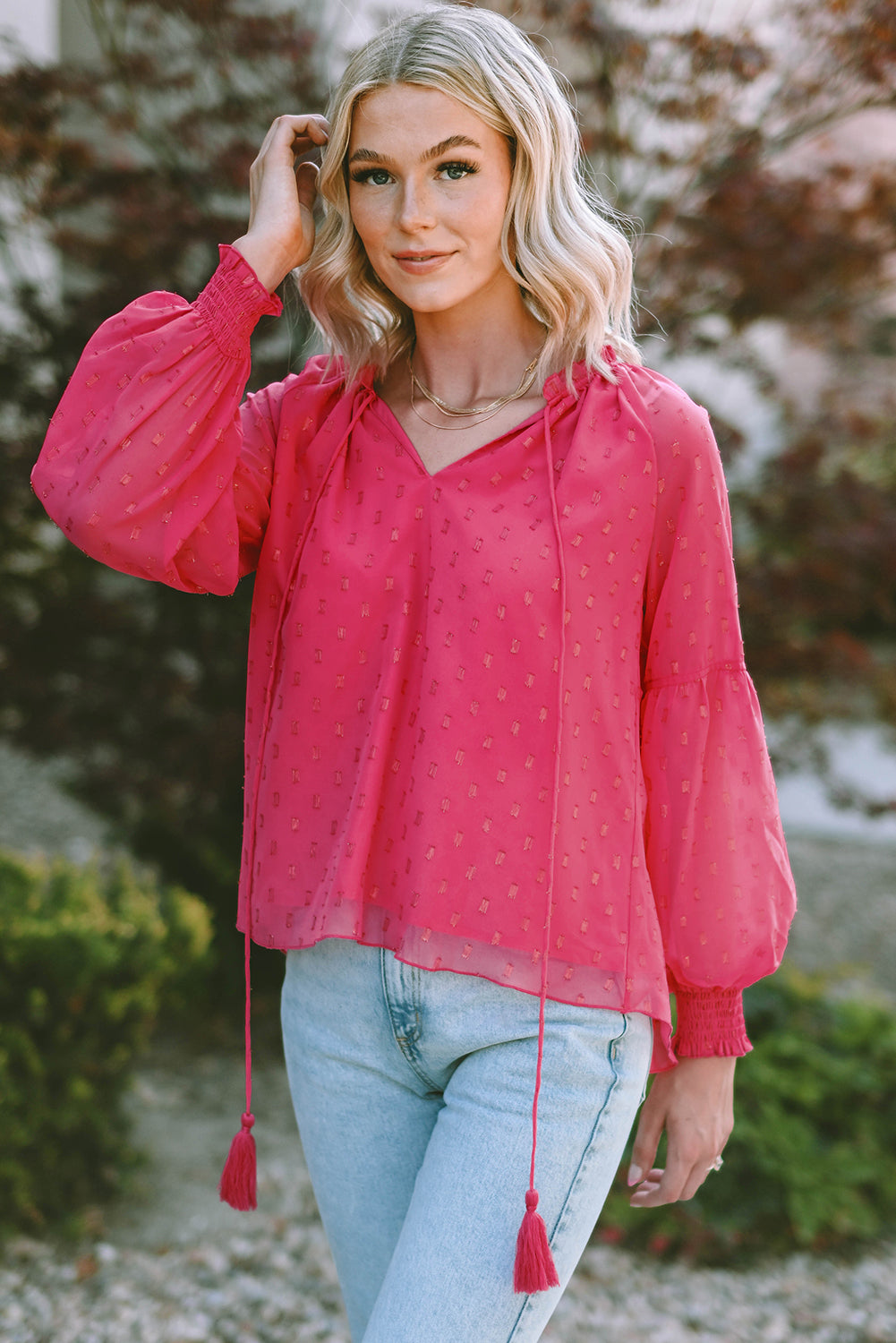 Rose Printed Tassel Tie Blouse