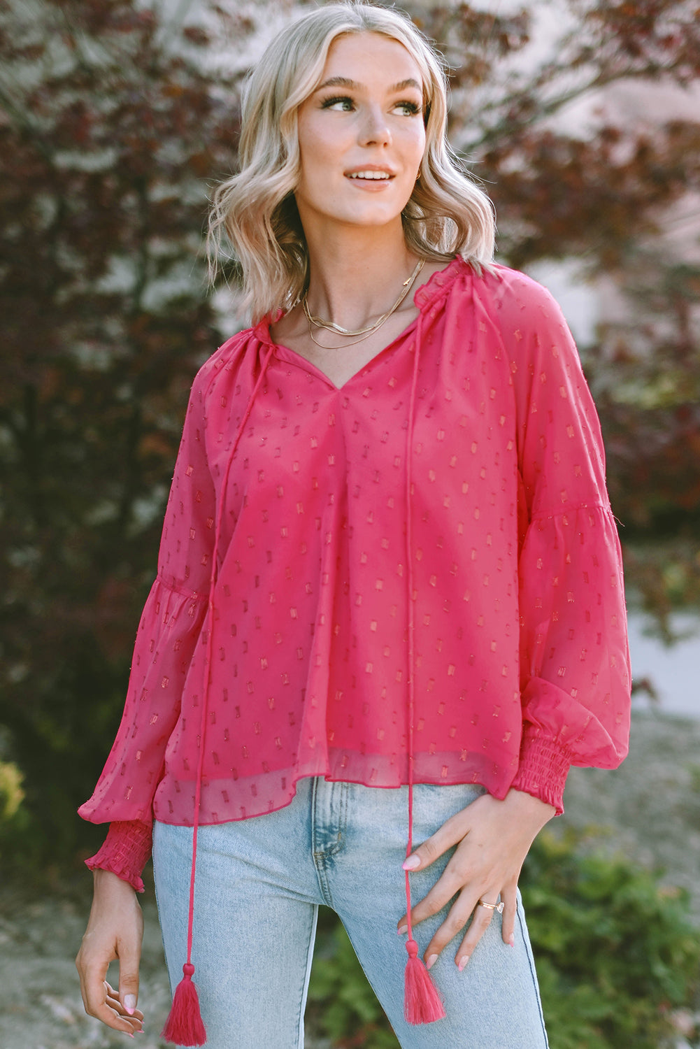 Rose Printed Tassel Tie Blouse