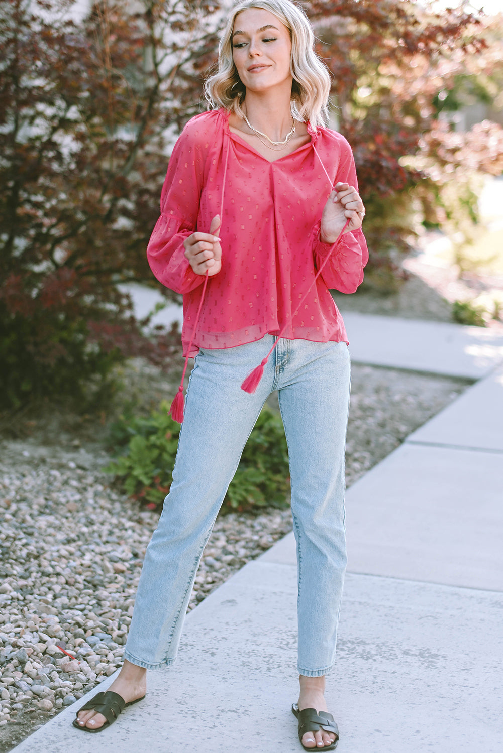 Rose Printed Tassel Tie Blouse