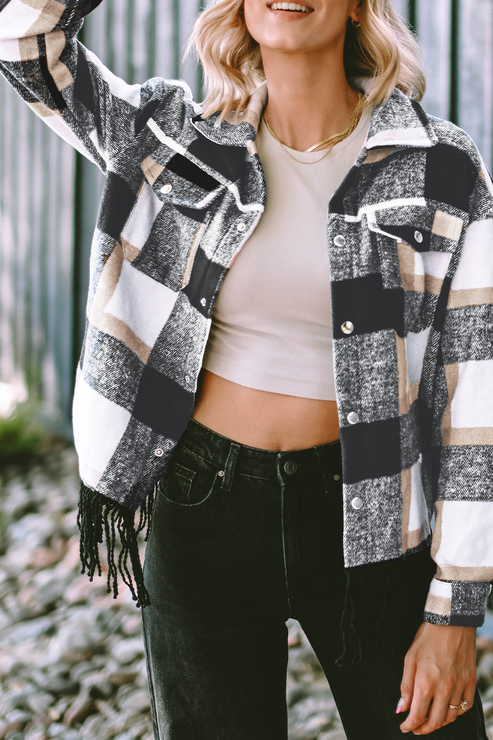 Black Plaid Snap Button Pocket Fringed Hem Jacket