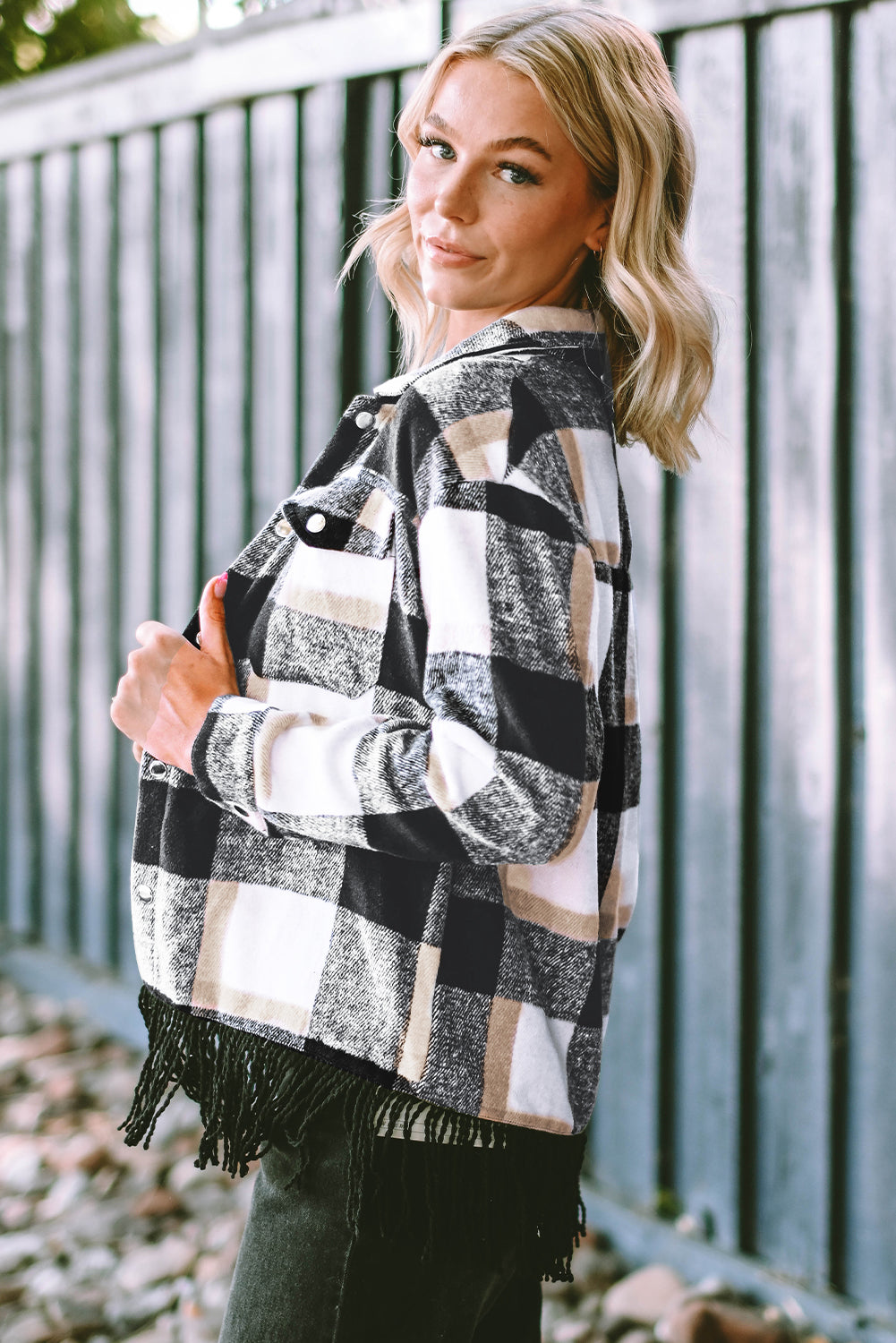 Black Plaid Snap Button Pocket Fringed Hem Jacket
