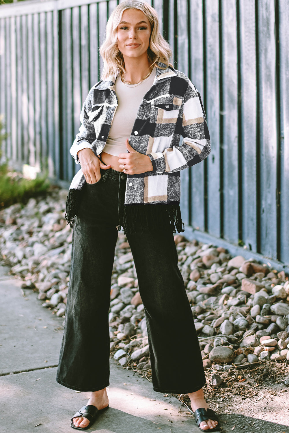 Black Plaid Snap Button Pocket Fringed Hem Jacket