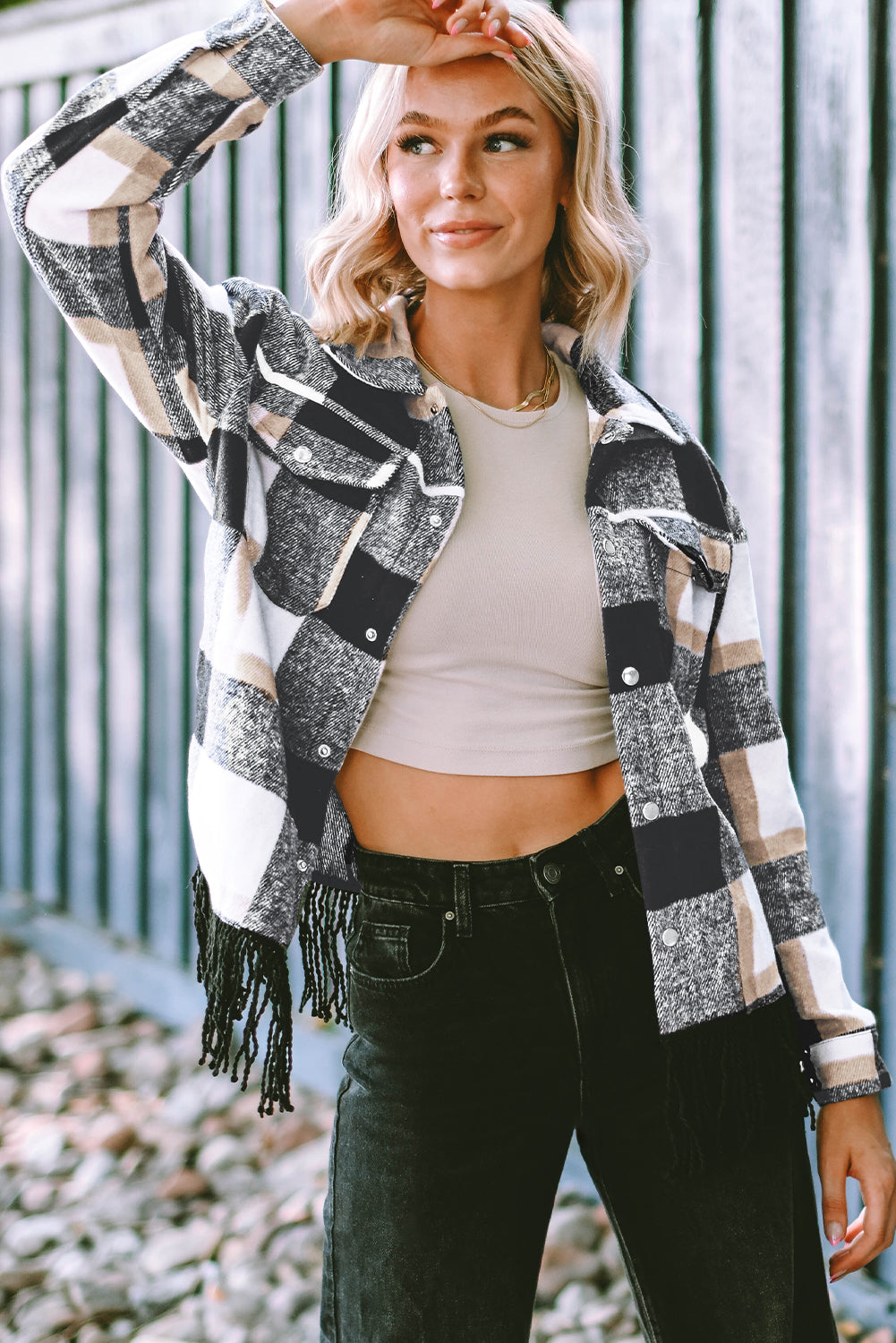 Black Plaid Snap Button Pocket Fringed Hem Jacket