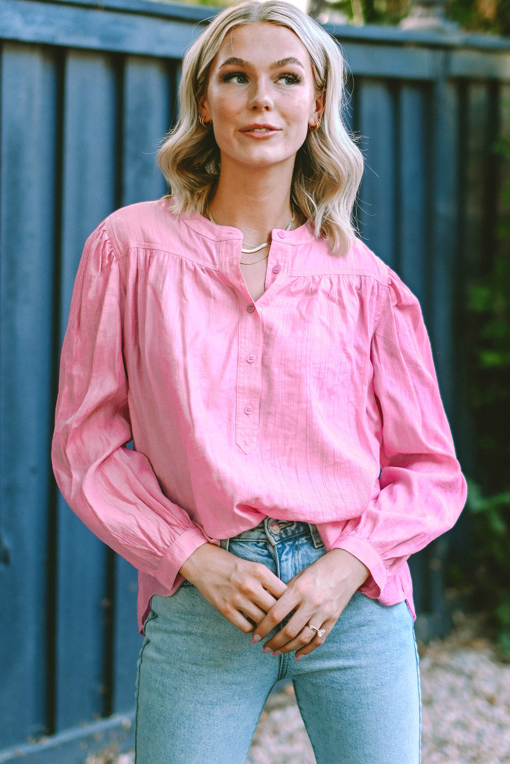 Pirouette Button Split Neck Pleated Puff Sleeve Blouse