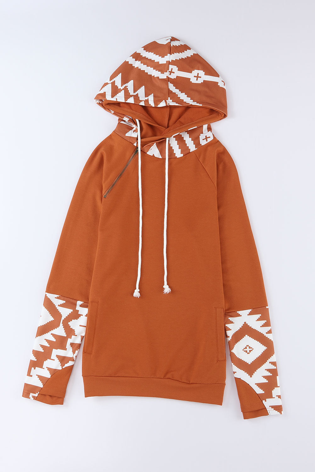 Pink Aztec Print Patchwork Thumb Hole Hoodie