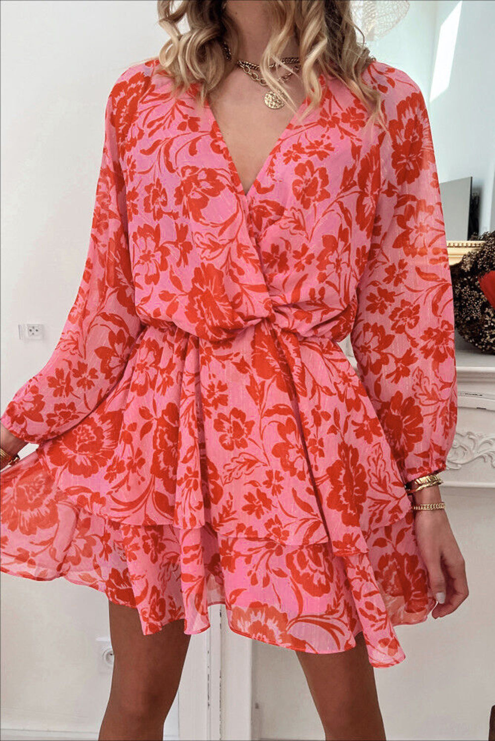 Red Floral Ruffle Layered Puff Sleeve Surplice Dress