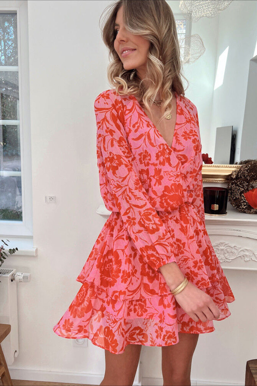 Red Floral Ruffle Layered Puff Sleeve Surplice Dress