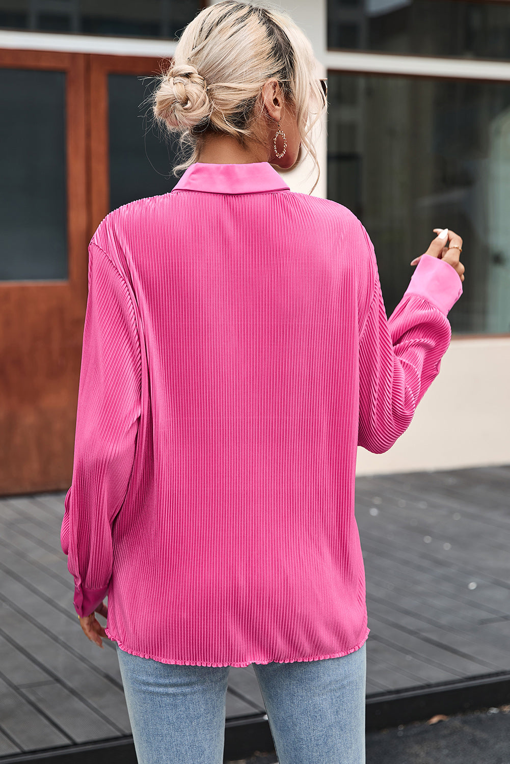 Pink V Neck Collared Button Pleated Shirt