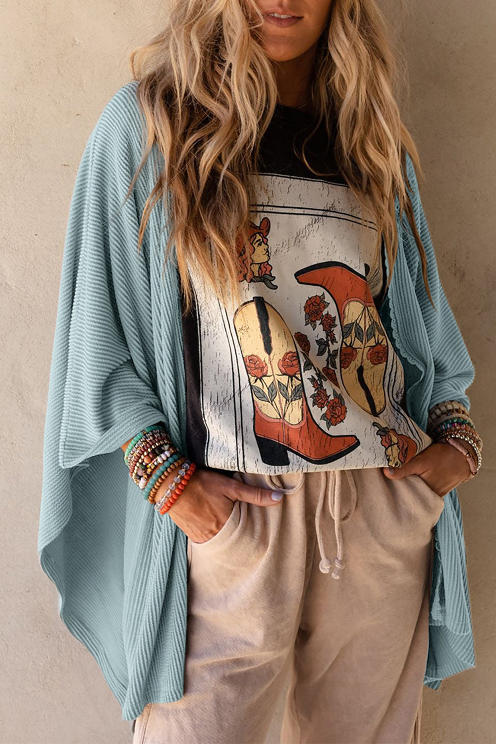 Apricot Lace Trim Ribbed Oversize Kimono