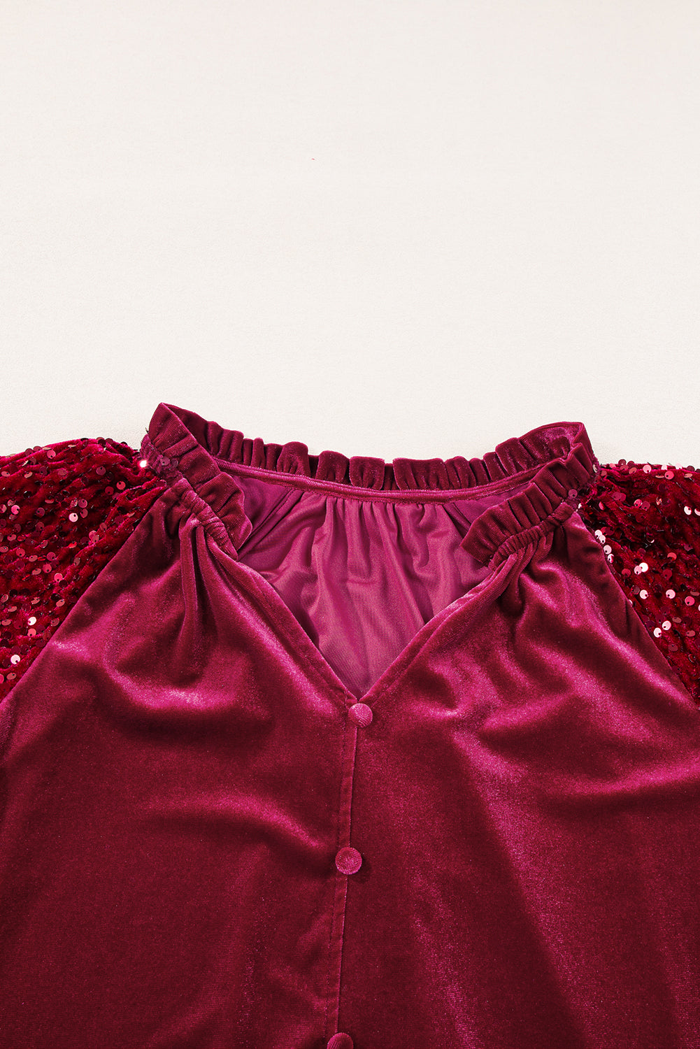 Evergreen Sequin Patchwork Sleeve Button Up Velvet Top