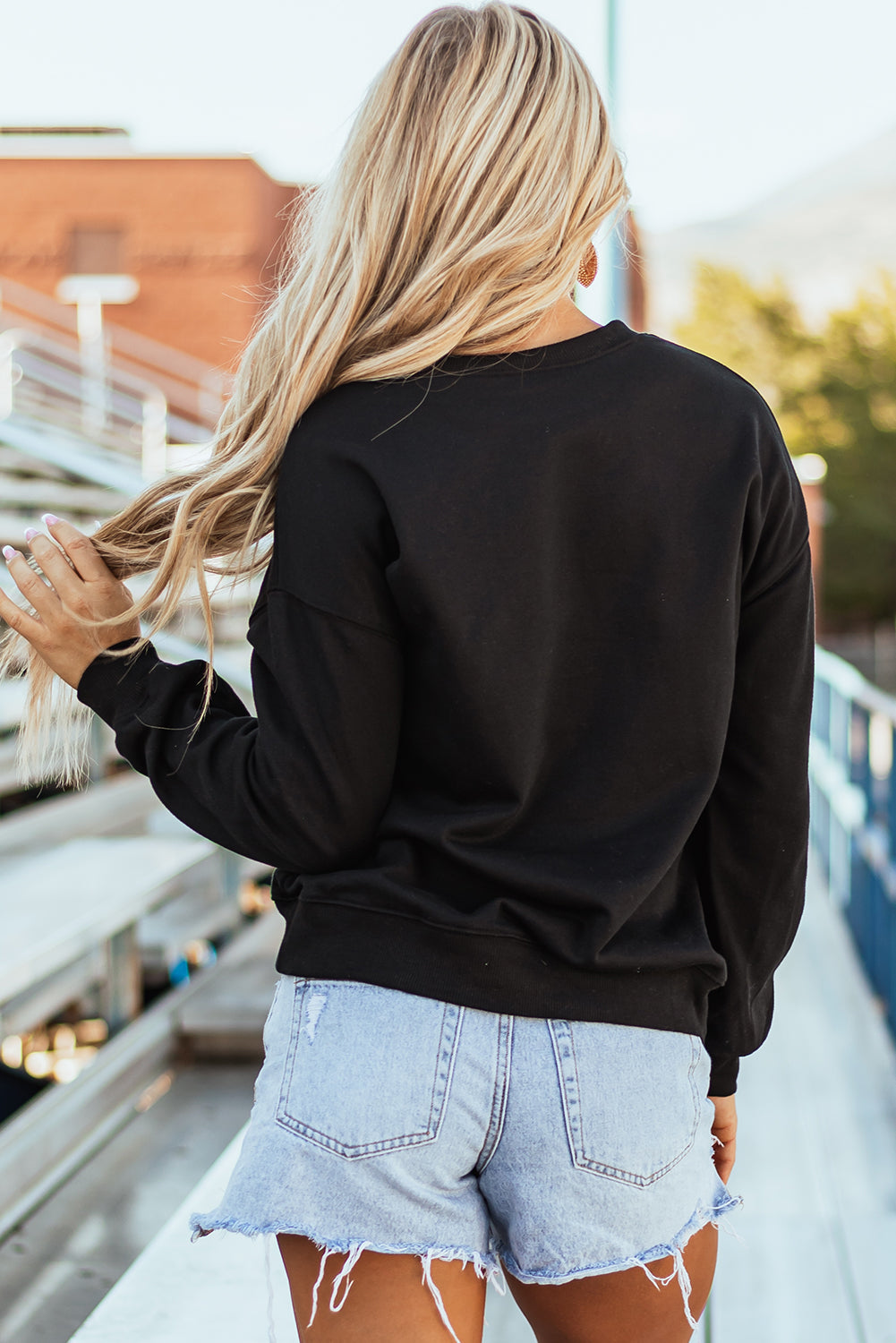 Black Sequined Game Day Graphic Crew Neck Sweatshirt