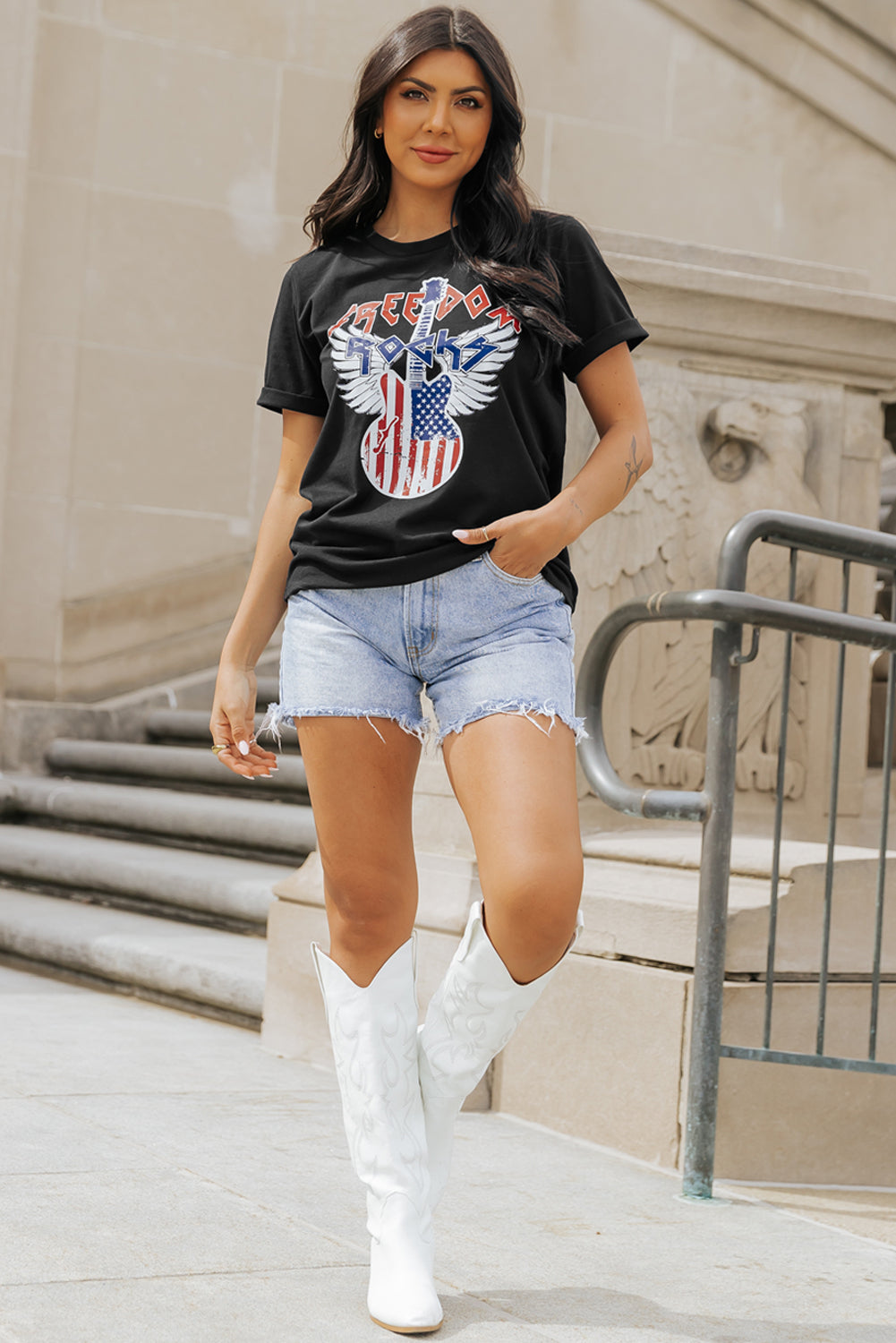 Black American Flag Guitar Print Crew Neck Tee