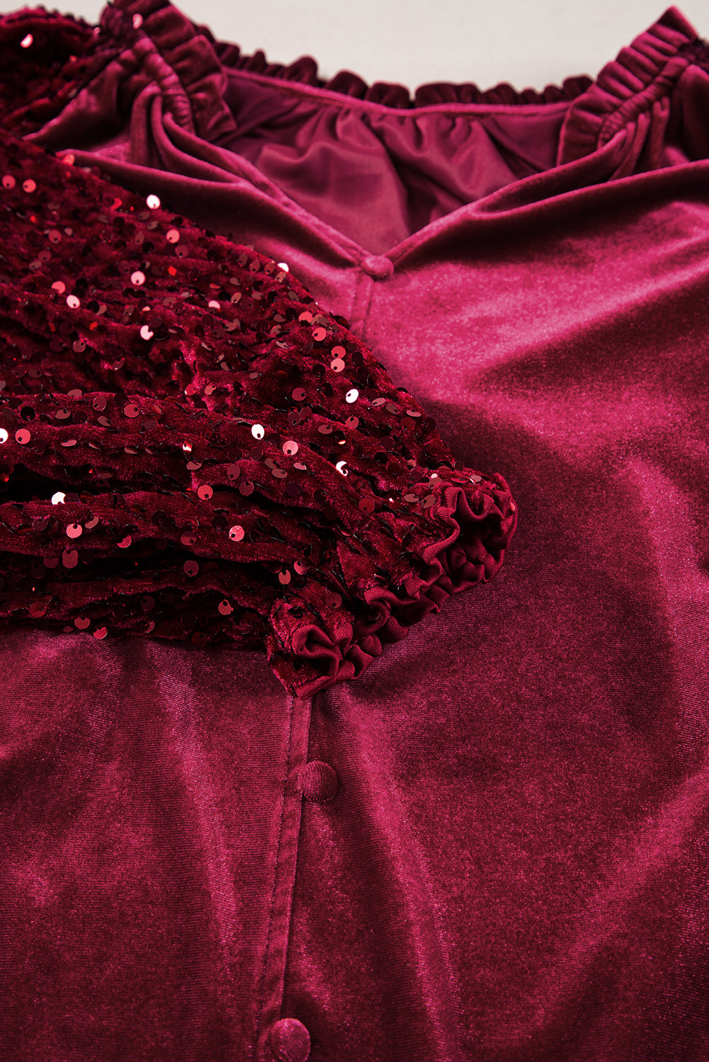 Evergreen Sequin Patchwork Sleeve Button Up Velvet Top