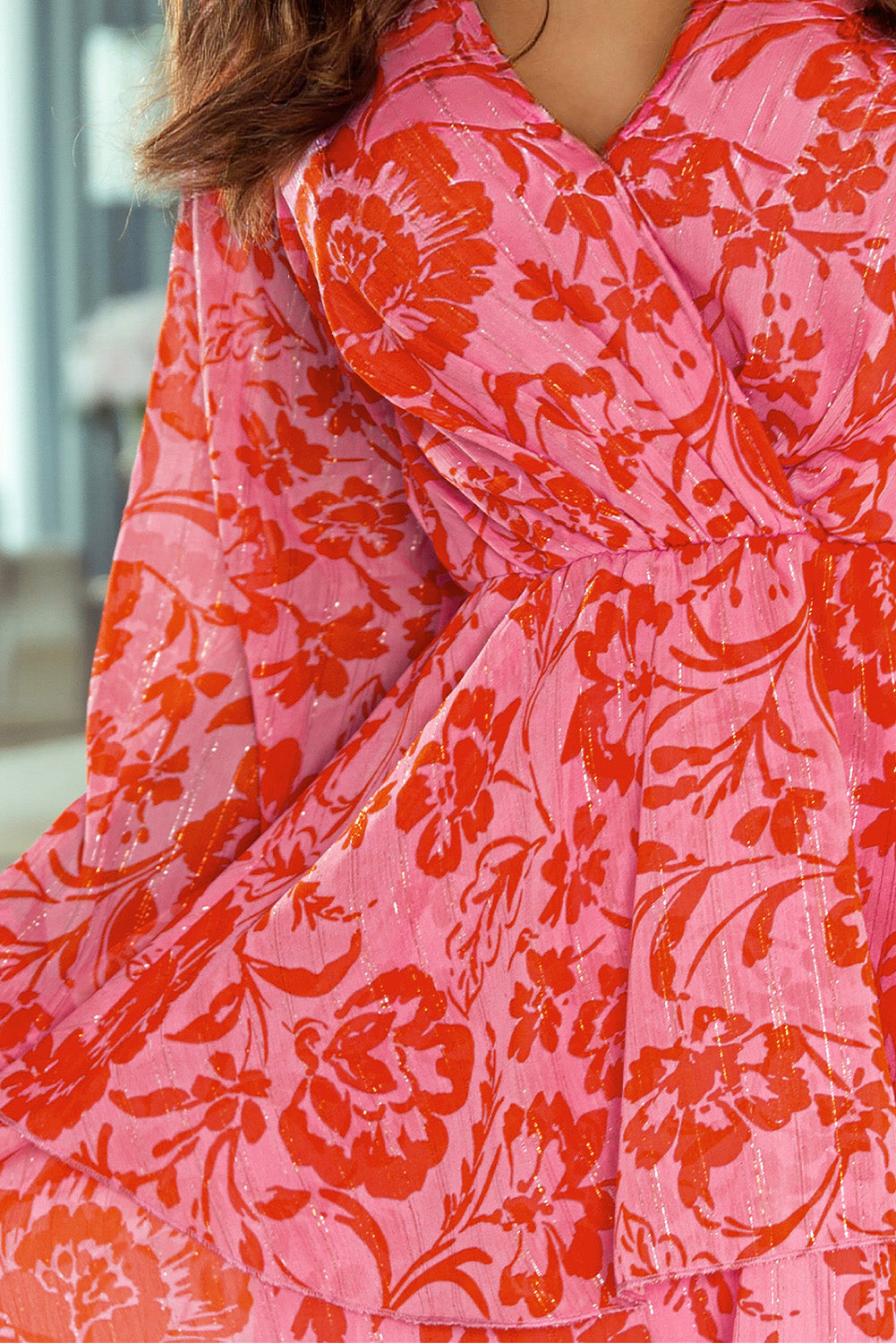 Red Floral Ruffle Layered Puff Sleeve Surplice Dress