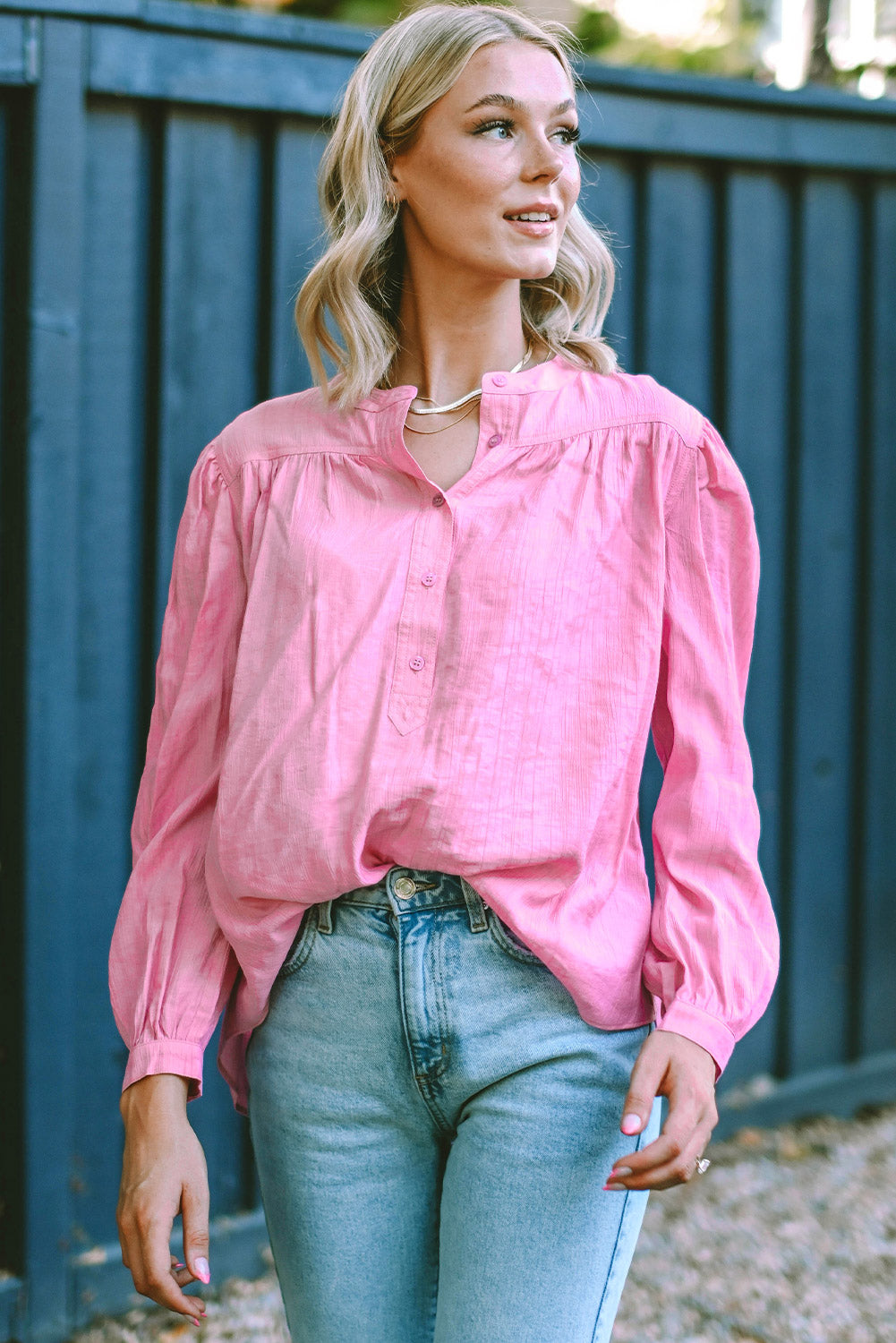 Pirouette Button Split Neck Pleated Puff Sleeve Blouse