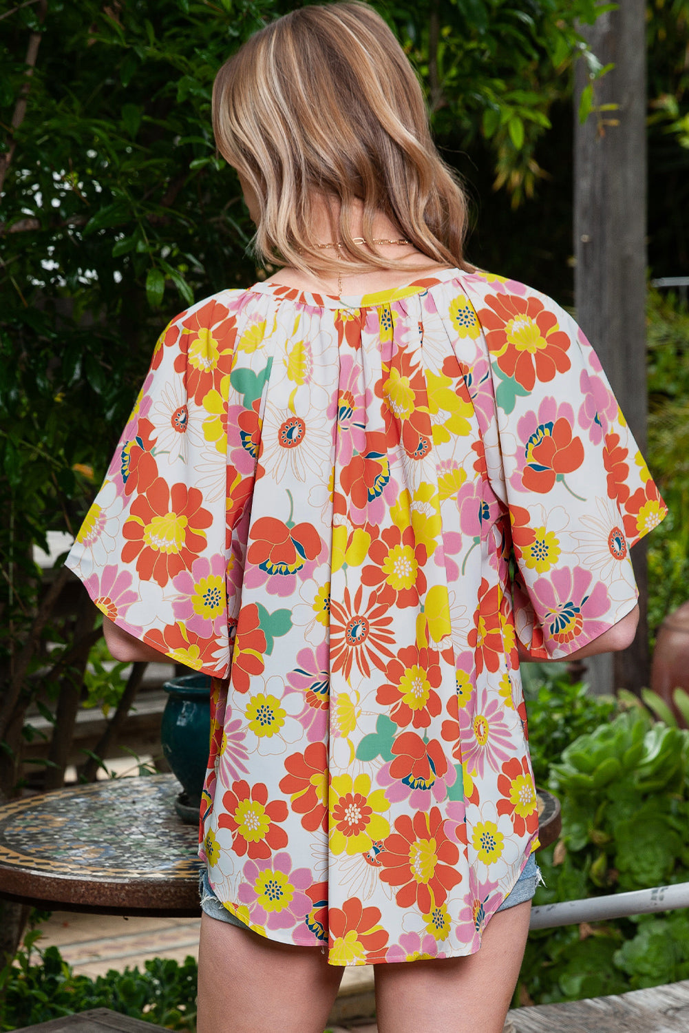 Multicolor Stand Collar Flutter Sleeves Floral Top