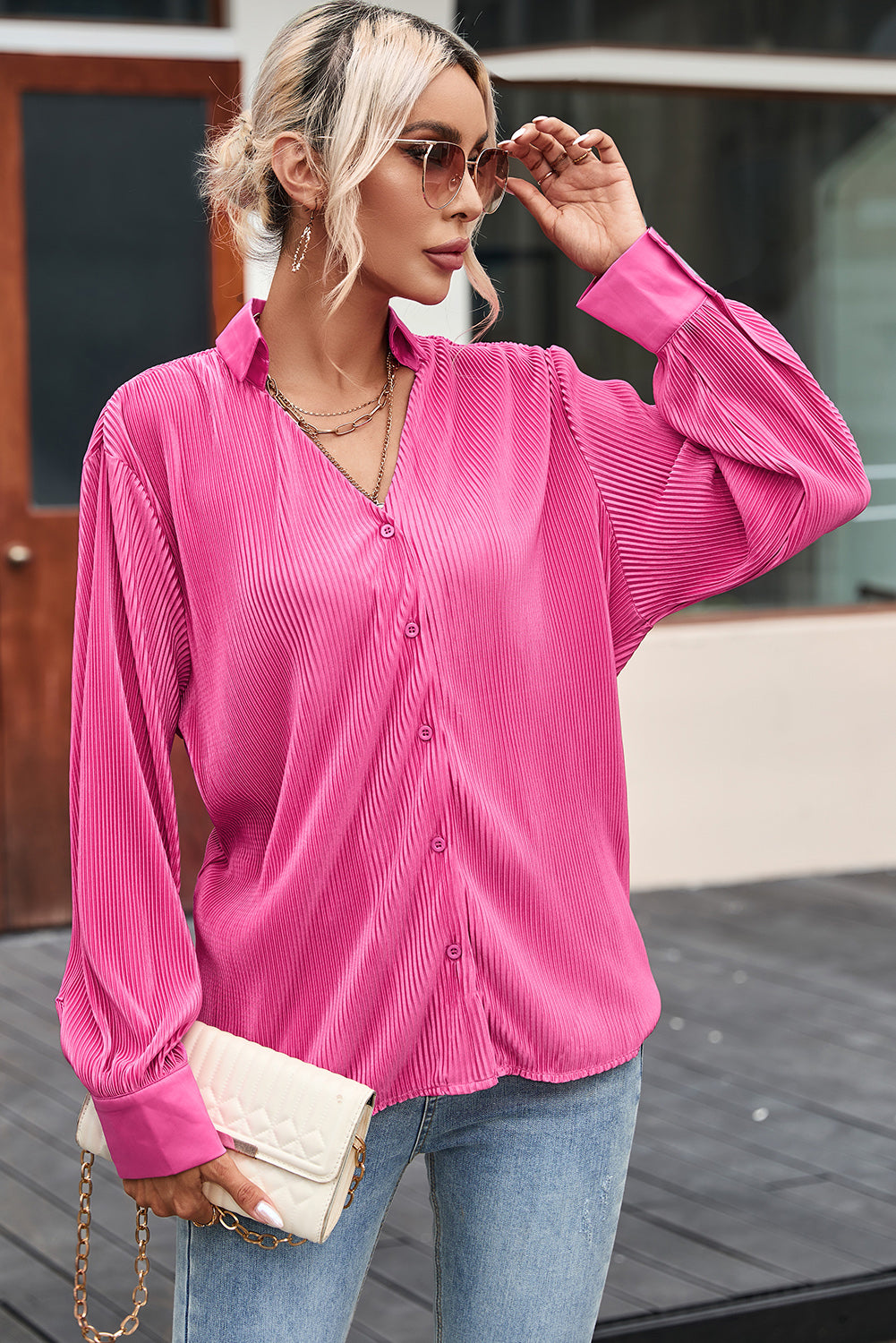 Pink V Neck Collared Button Pleated Shirt
