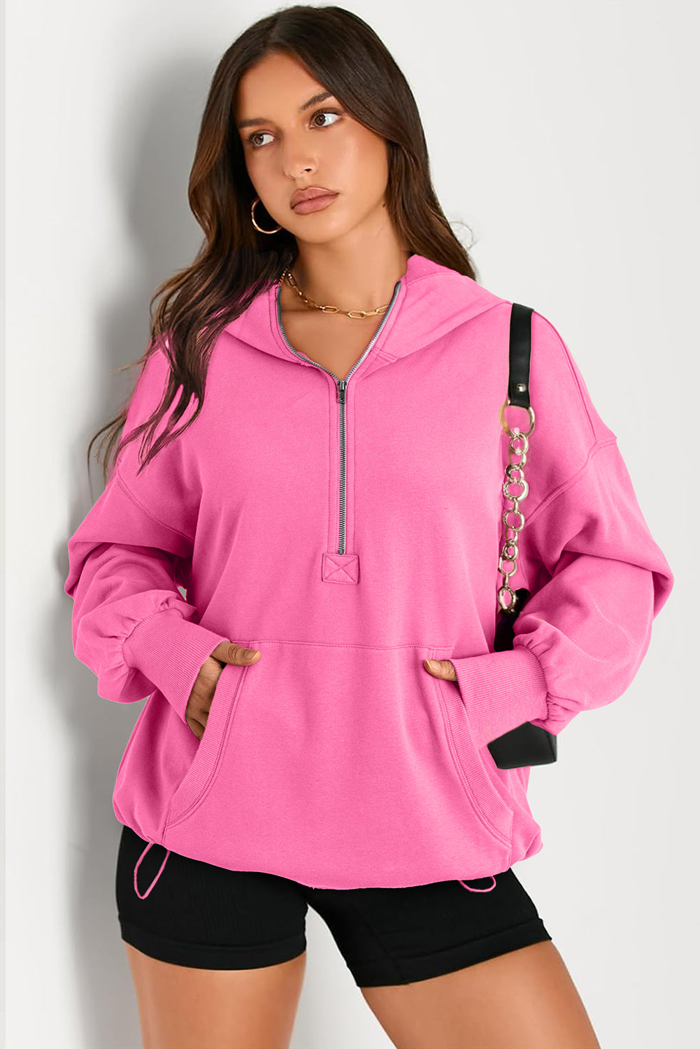 Parchment Solid Kangaroo Pocket Half Zipper Oversized Hoodie