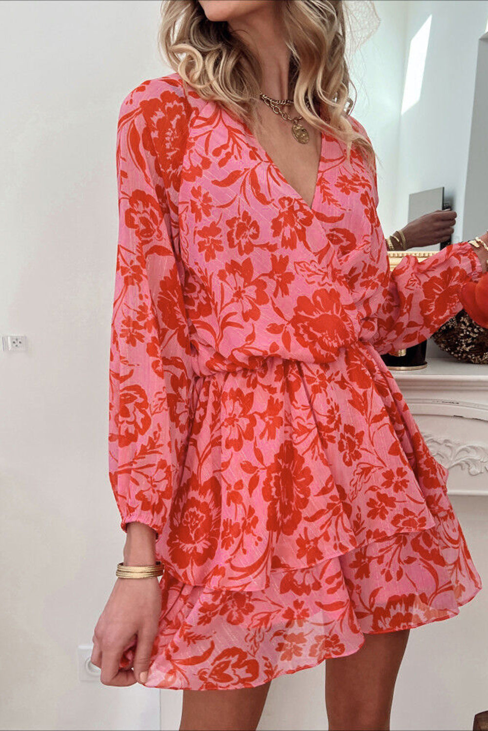 Red Floral Ruffle Layered Puff Sleeve Surplice Dress