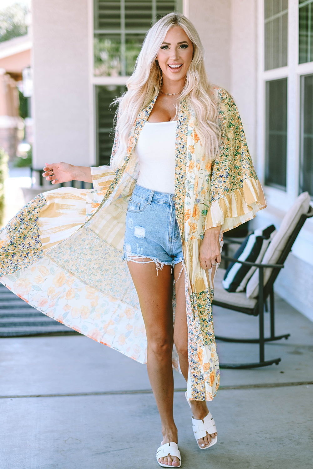 Multicolor Wide Sleeve Mixed Floral Print Long Kimono