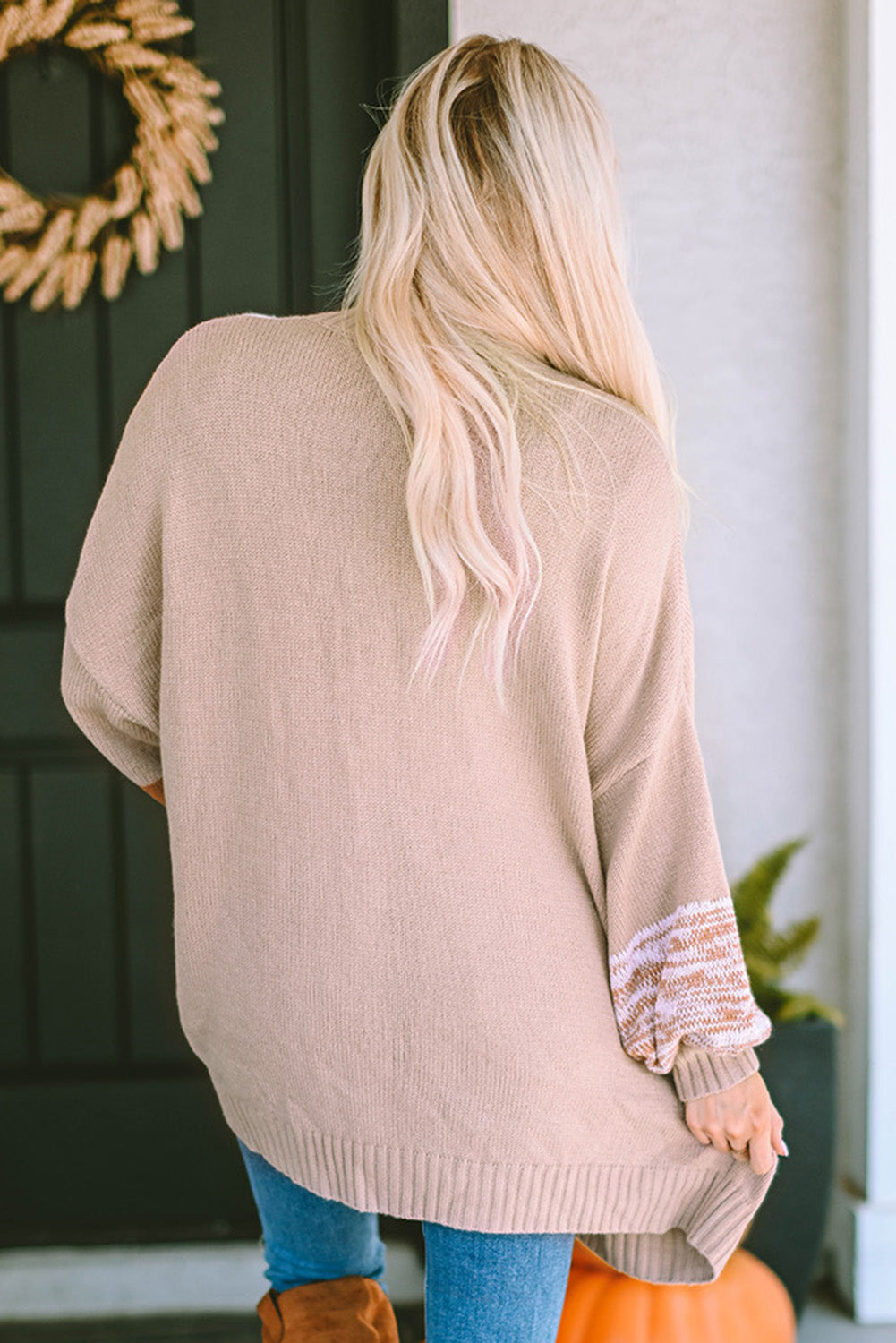 Khaki Checkered Pattern Open Front Drop Shoulder Slouchy Cardigan