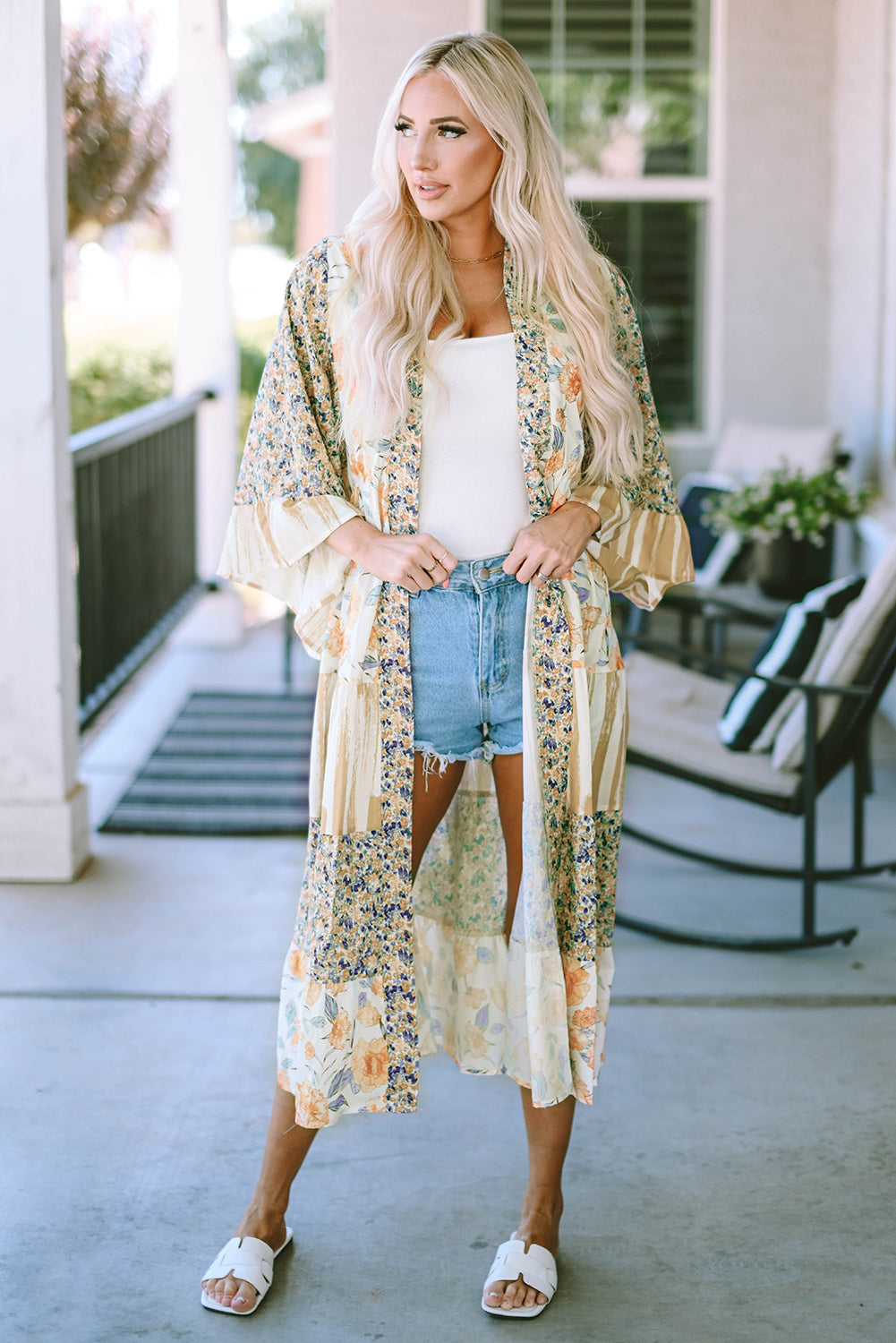 Multicolor Wide Sleeve Mixed Floral Print Long Kimono