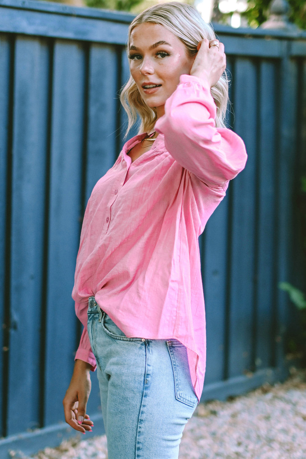 Pirouette Button Split Neck Pleated Puff Sleeve Blouse