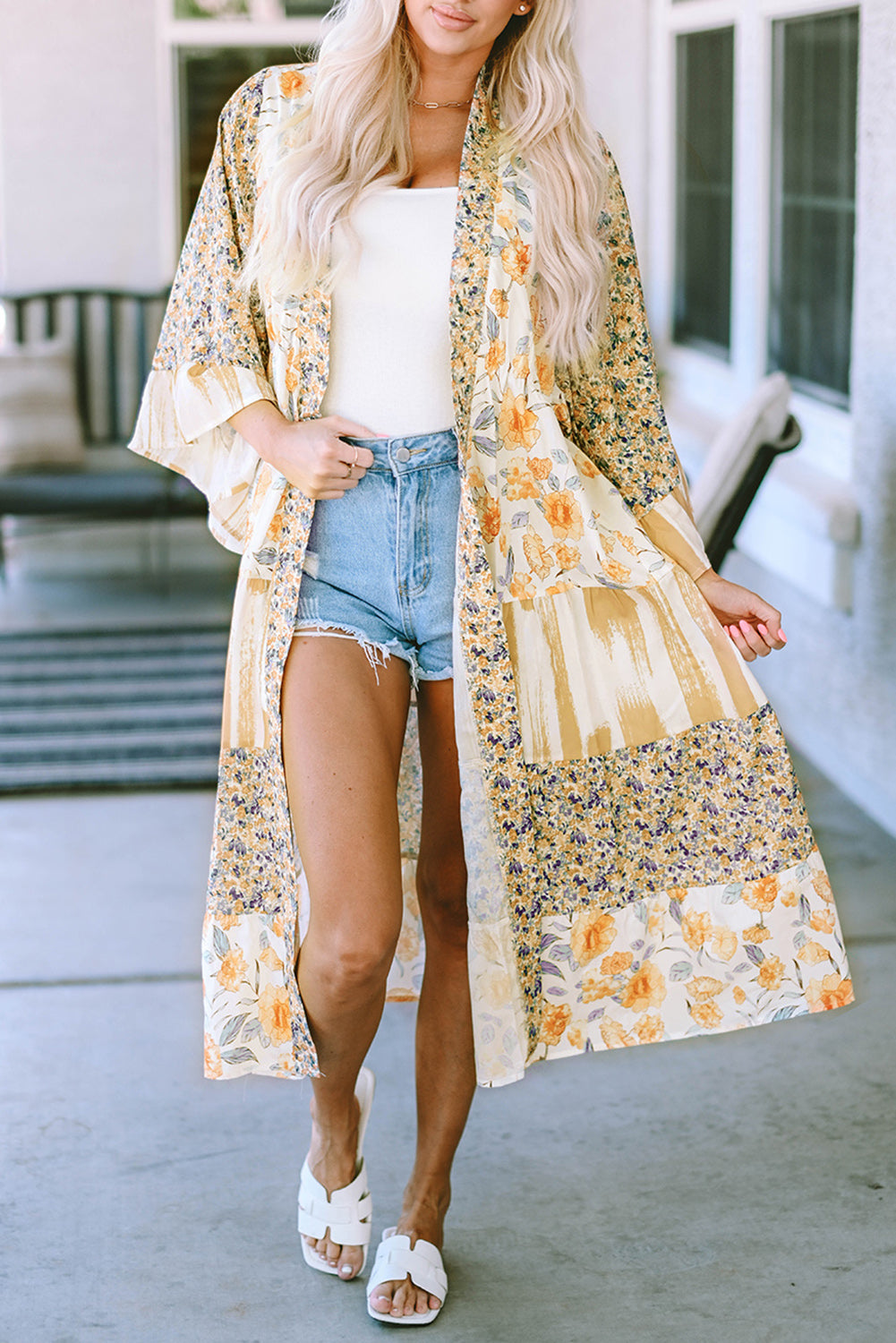 Multicolor Wide Sleeve Mixed Floral Print Long Kimono