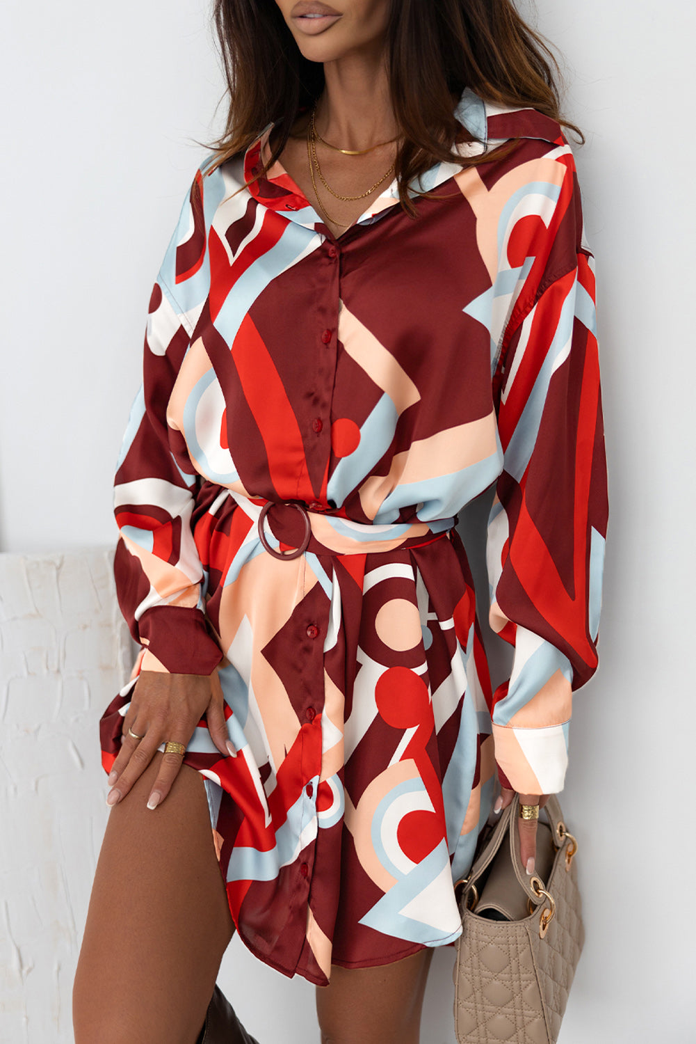 Brown Abstract Print Belted High Waist Button-up Mini Dress