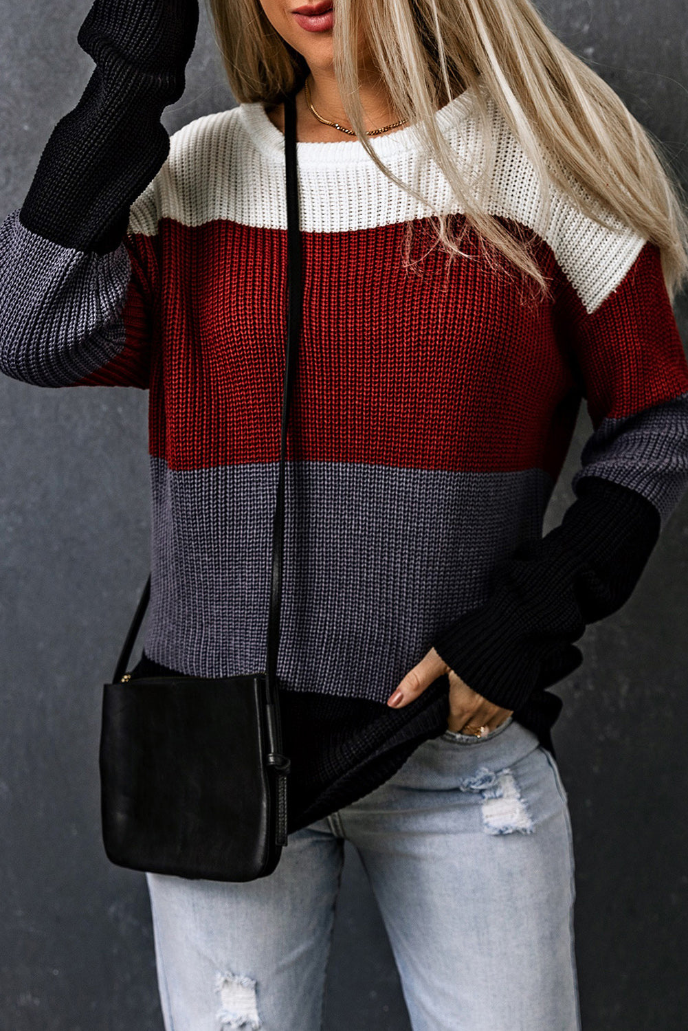 Color Block Knitted O-neck Pullover Sweater