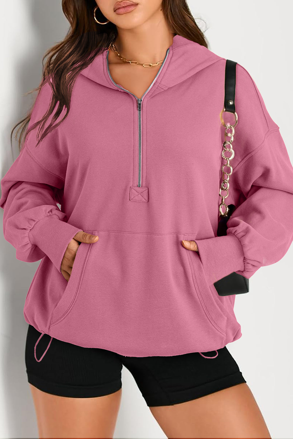 Parchment Solid Kangaroo Pocket Half Zipper Oversized Hoodie
