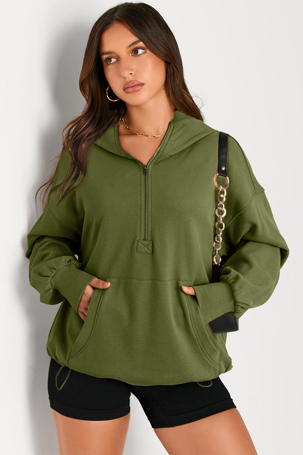 Parchment Solid Kangaroo Pocket Half Zipper Oversized Hoodie
