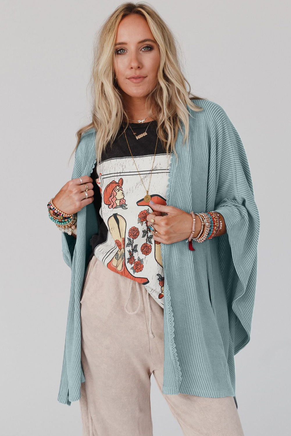 Apricot Lace Trim Ribbed Oversize Kimono