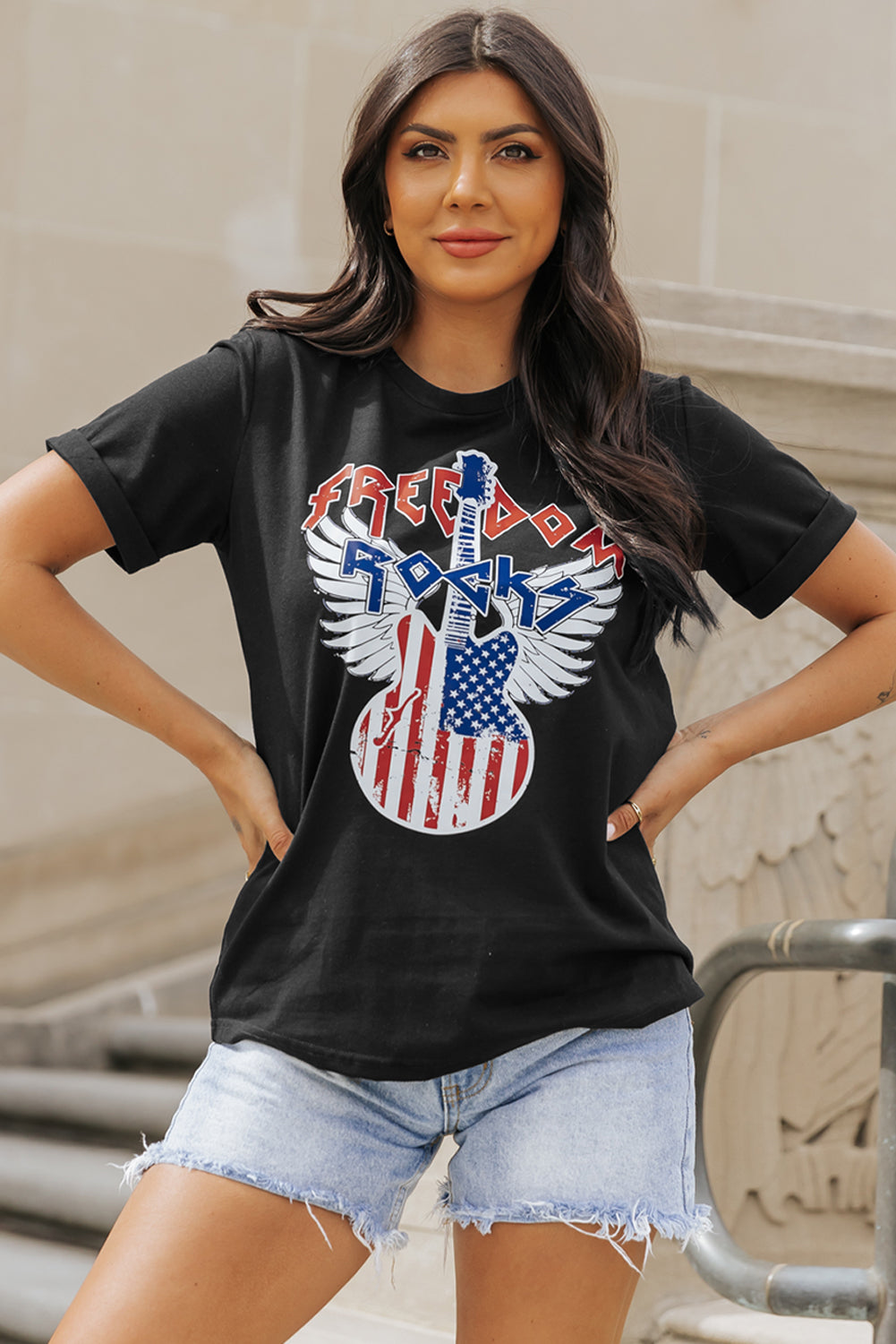 Black American Flag Guitar Print Crew Neck Tee