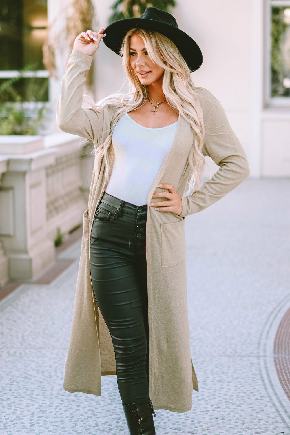 Apricot Open Front Pocketed Duster Cardigan with Slits