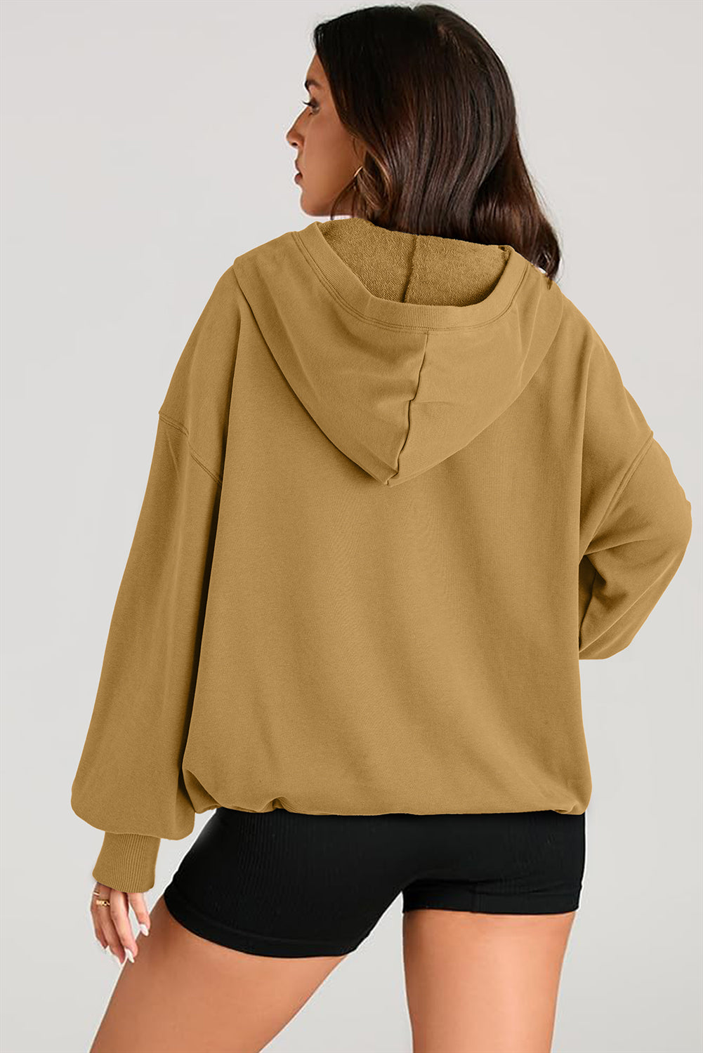 Parchment Solid Kangaroo Pocket Half Zipper Oversized Hoodie