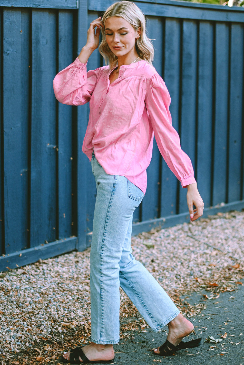 Pirouette Button Split Neck Pleated Puff Sleeve Blouse