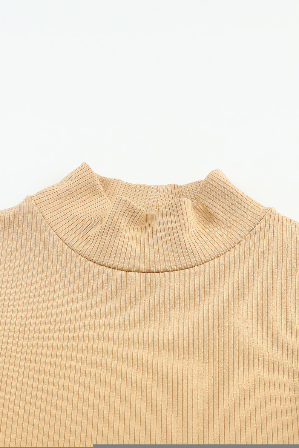 Khaki Ribbed Knit High Neck Long Sleeve Top