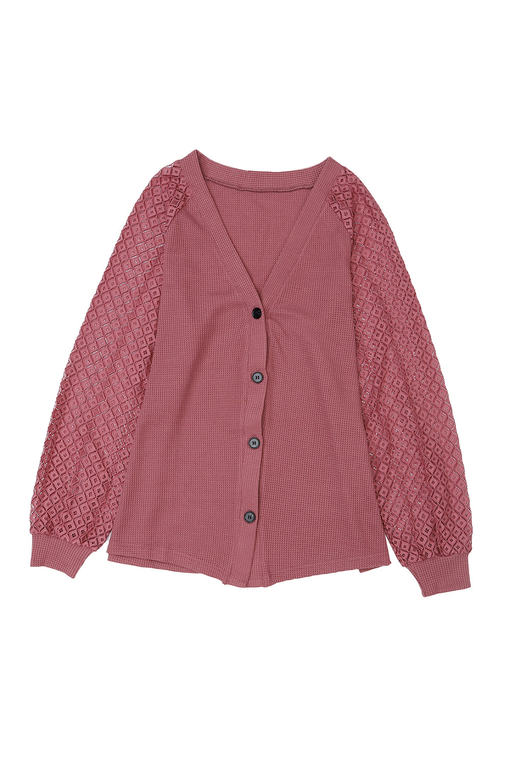 Black Waffled Knit Lace Long Sleeve Buttoned Cardigan