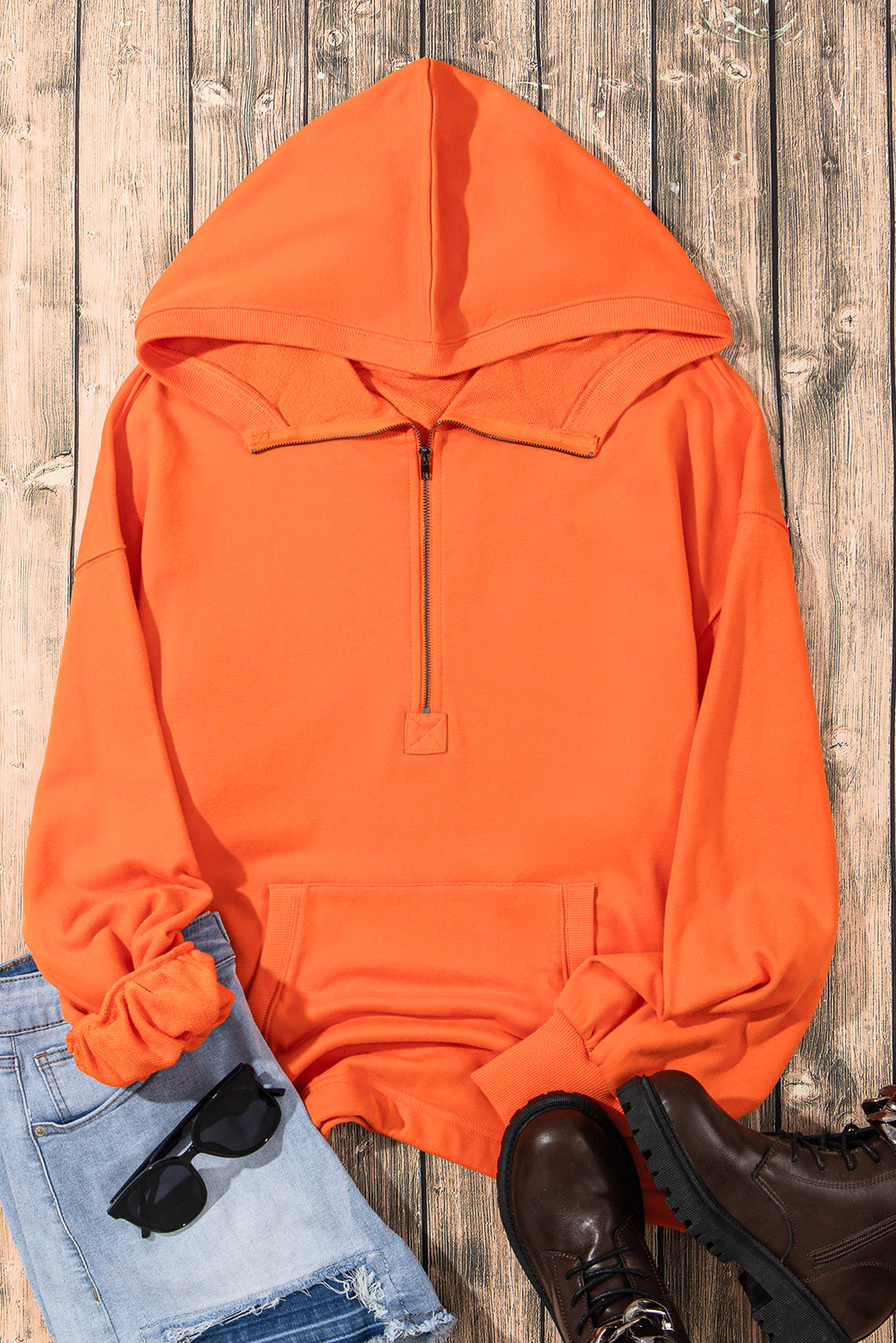 Parchment Solid Kangaroo Pocket Half Zipper Oversized Hoodie